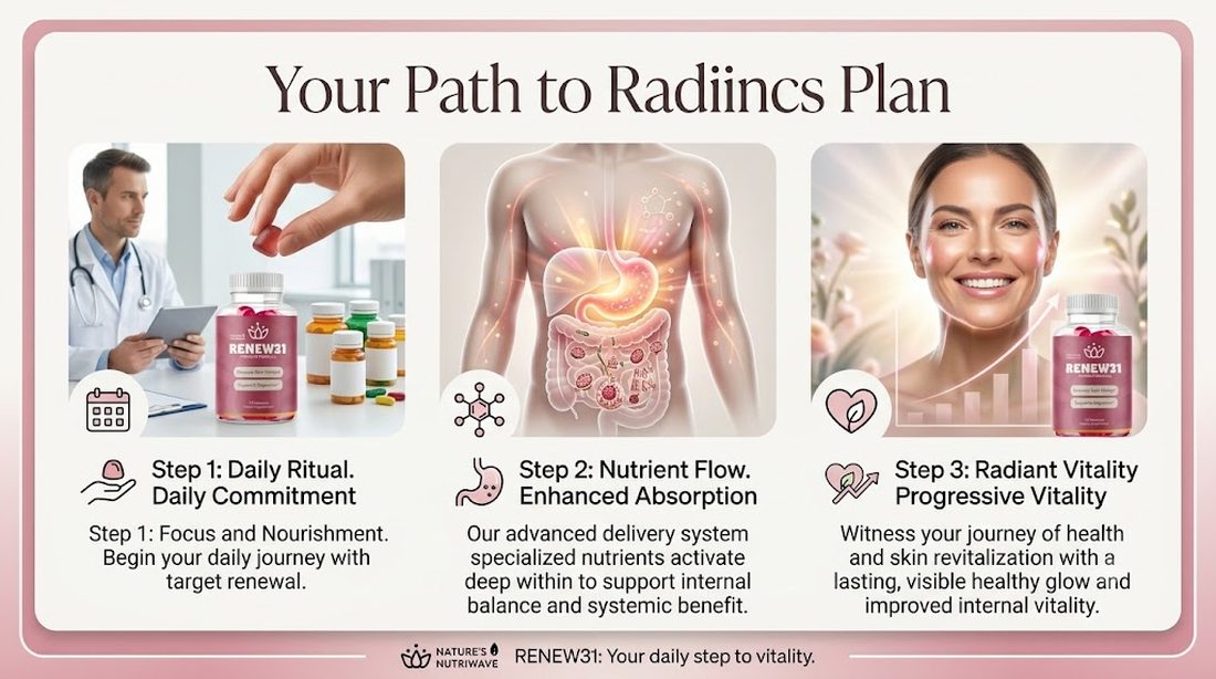 Three-step Renew31 plan graphic with a doctor and a bottle, a digestive tract illustration, and a smiling woman with a rising chart